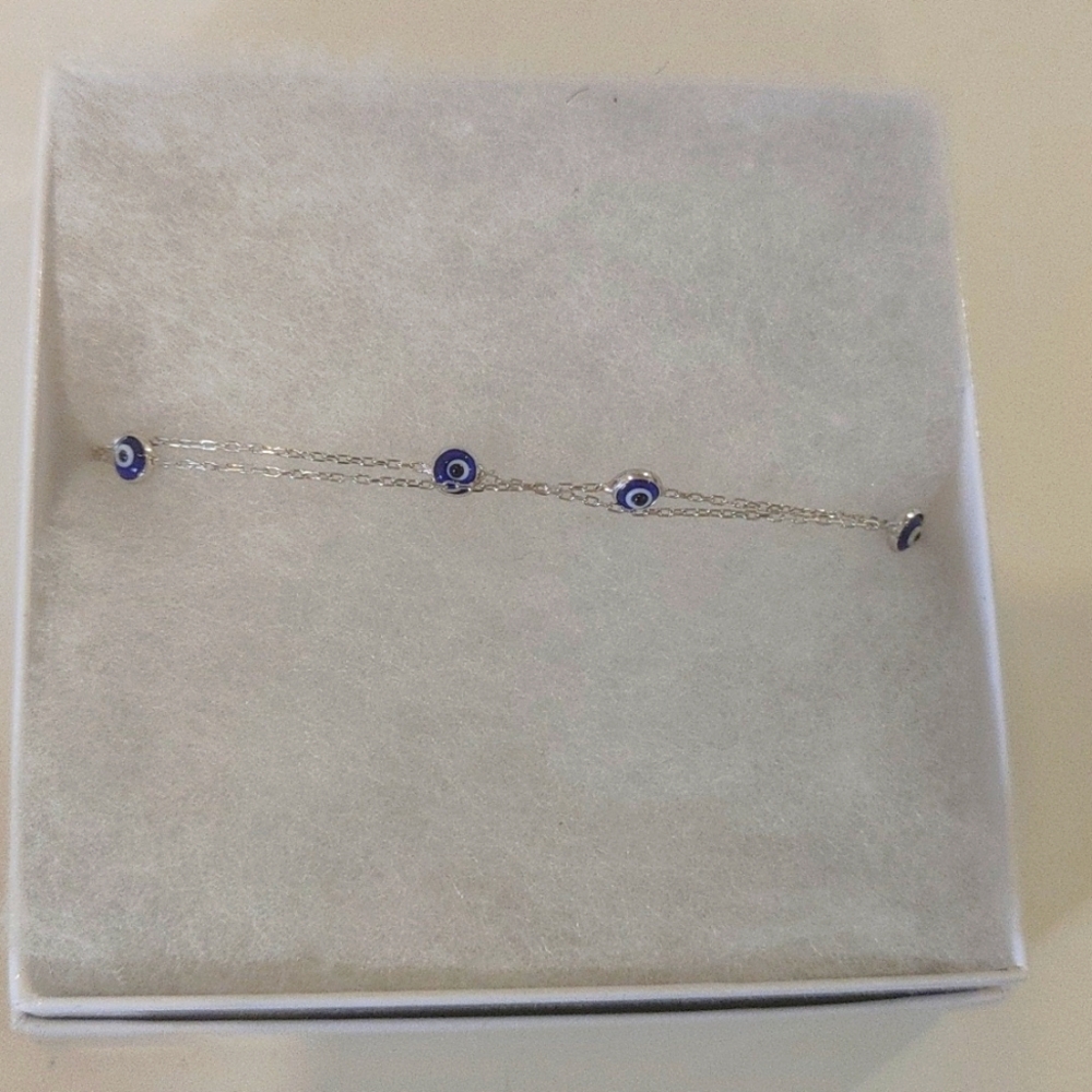 925 Sterling Silver Small Round Evil Eye Double Chain Bracelet